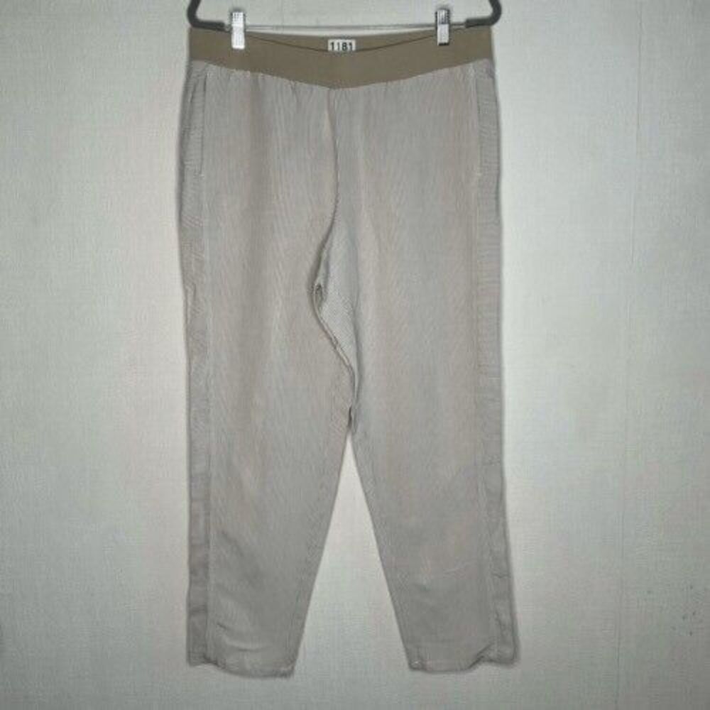 NWT J. Jill Neutral Pull On Tapered Pants Women Size M Tan/White Stripe Linen Bl